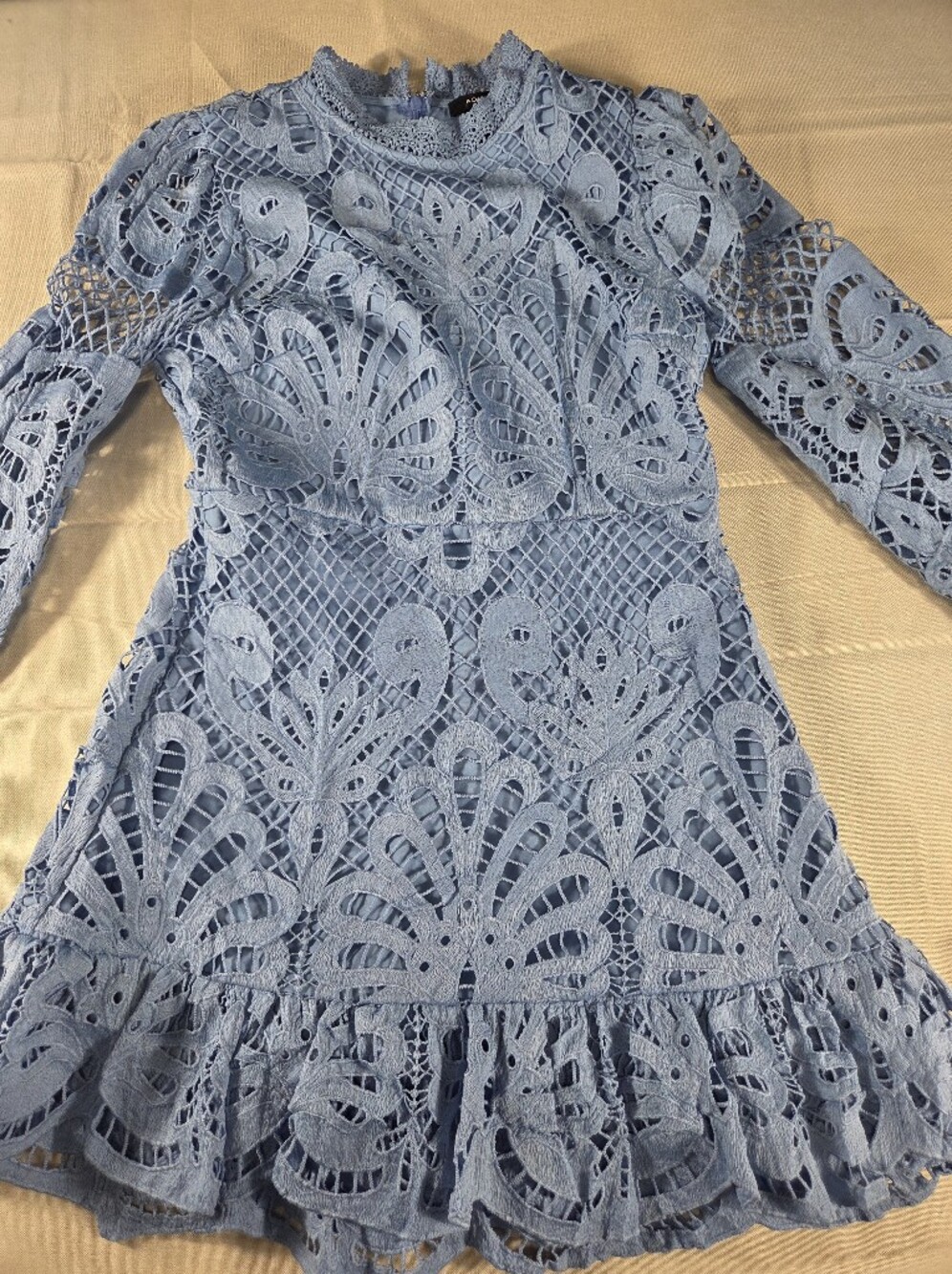 AQUA Blue Lace Mock Neck Long Sleeve Mini Dress Size L Romantic Ruffle Hem - Picture 5 of 10